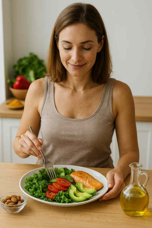 Entzündungshemmende Ernährung mit frischem Gemüse, Nüssen und Öl